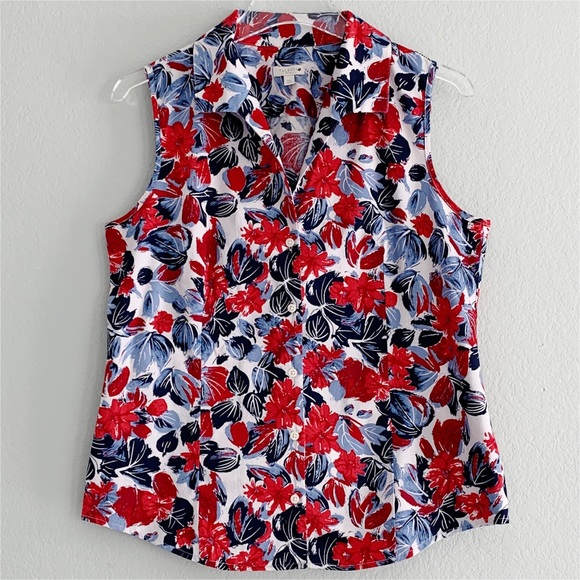 Talbots Tops - TALBOTS White Sleeveless Blouse Navy & Red Floral